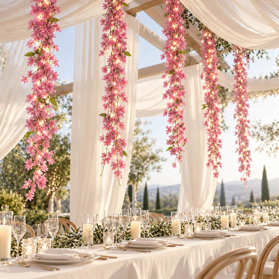 LED pink jasmine garlands hanging over an elegant outdoor wedding table - thumbnail number 5