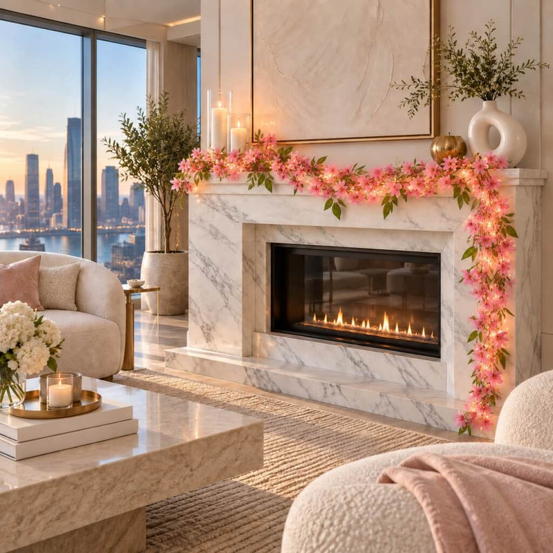LED pink jasmine garland decorating a modern fireplace mantel - thumbnail number 10