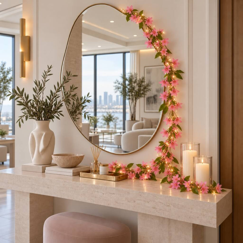 Pink jasmine LED garland decorating a mirror and console table - thumbnail number 11