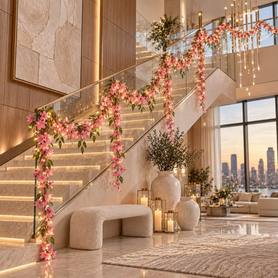 LED pink jasmine garlands decorating a modern staircase railing - thumbnail number 9