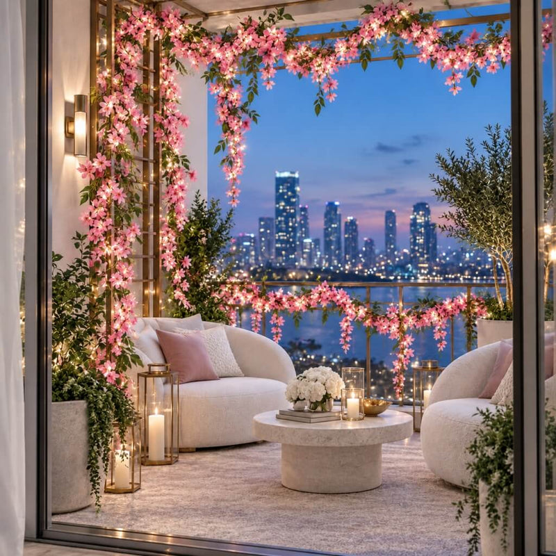 LED pink jasmine garland decorating a balcony with city views - thumbnail number 8