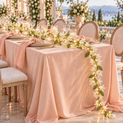 White jasmine flower garland with fairy lights decorating a wedding table - thumbnail number 3