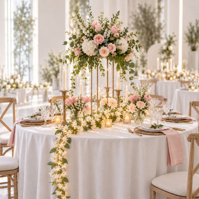 White jasmine flower garland with fairy lights decorating a wedding reception table - thumbnail number 4