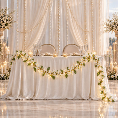 White jasmine flower garland with fairy lights decorating a wedding table - thumbnail number 6