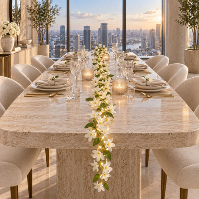 White jasmine flower garland with fairy lights on a luxury dining table - thumbnail number 8