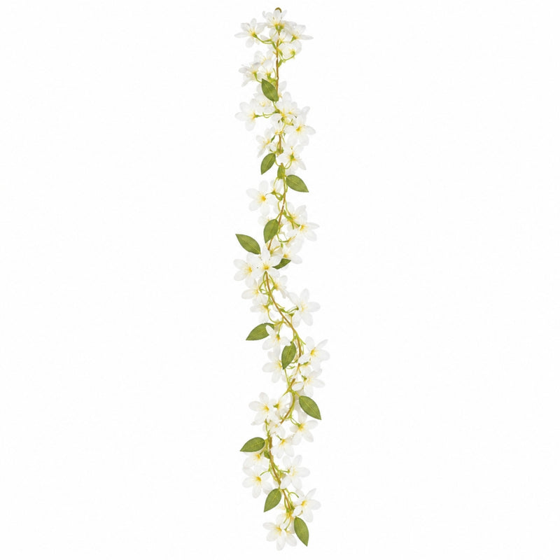 A single 6ft white jasmine silk flower garland hanging vertically - thumbnail number 1