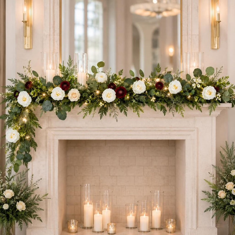 LED Greenery Garland with Artificial Eucalyptus & Peony Florals - Battery Operated Green Garland for Table & Fireplace Décor - 5.5ft - thumbnail number 7