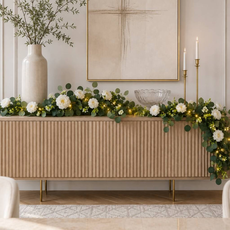 LED Greenery Garland with Artificial Eucalyptus & Peony Florals - Battery Operated Green Garland for Table & Fireplace Décor - 5.5ft - thumbnail number 10