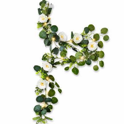 LED Greenery Garland with Artificial Eucalyptus & Peony Florals - Battery Operated Green Garland for Table & Fireplace Décor - 5.5ft - thumbnail number 2