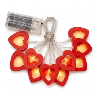 Wooden Heart LED String Lights 5ft Red Warm White - Battery Operated Hanging Decorative Fairy Lights