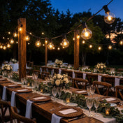 String lights hanging over outdoor banquet tables at twilight - thumbnail number 3