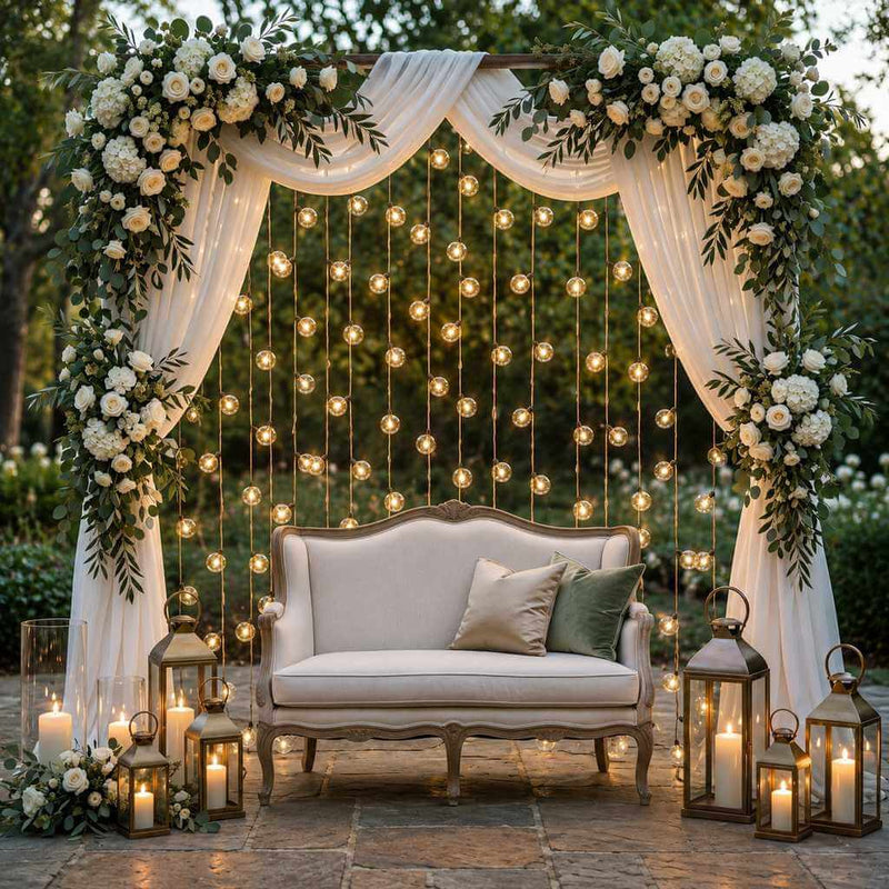 Vertical string lights hanging behind an outdoor wedding sofa setup - thumbnail number 4