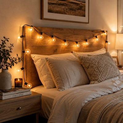 String lights draped over a rustic wooden headboard in a cozy bedroom - thumbnail number 8