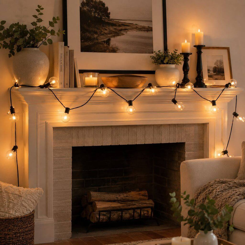 String lights draped across a fireplace mantel in a cozy living room - thumbnail number 9