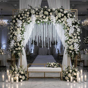 Illuminated hanging meteor shower lights inside a grand floral wedding arch - thumbnail number 4