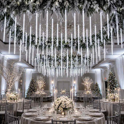 Hanging LED meteor shower string lights decorating a winter wonderland ballroom - thumbnail number 6