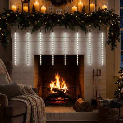 Hanging LED meteor shower string lights decorating a fireplace mantel - thumbnail number 8