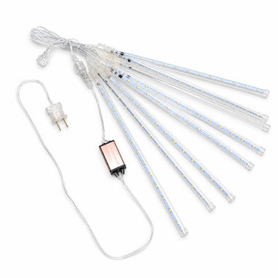8 tubes of clear LED hanging meteor shower string lights on white background - thumbnail number 2
