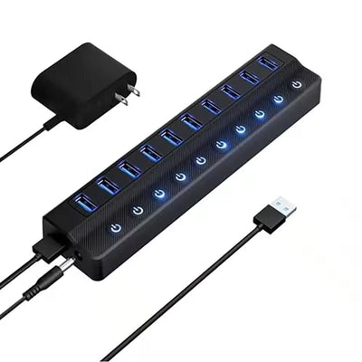 USB 3.0 10-Port Powered Charging Hub – 12V/2A with Independent Switches for LED Lamps, Event Lights & Wedding Installations