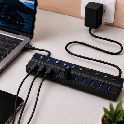 USB 3.0 10-Port Powered Charging Hub – 12V/2A with Independent Switches for LED Lamps, Event Lights & Wedding Installations - thumbnail number 7