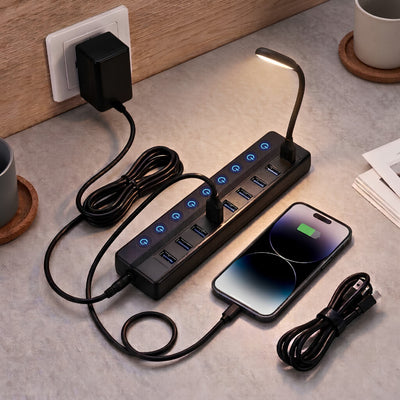 USB 3.0 10-Port Powered Charging Hub – 12V/2A with Independent Switches for LED Lamps, Event Lights & Wedding Installations - thumbnail number 8