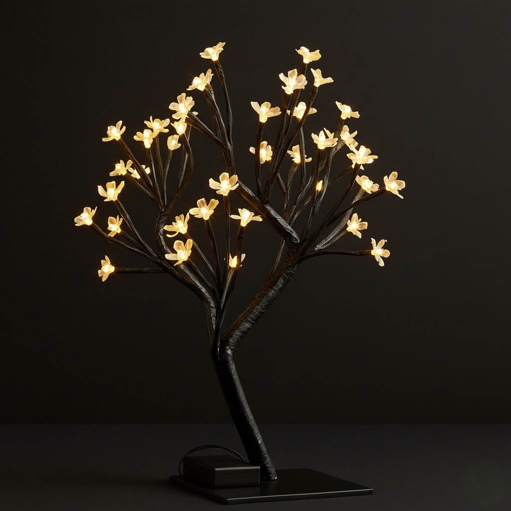 Set of 2 Black Artificial Tree Centerpieces – Cherry Blossom Design with 36 Warm White LED Battery Lights