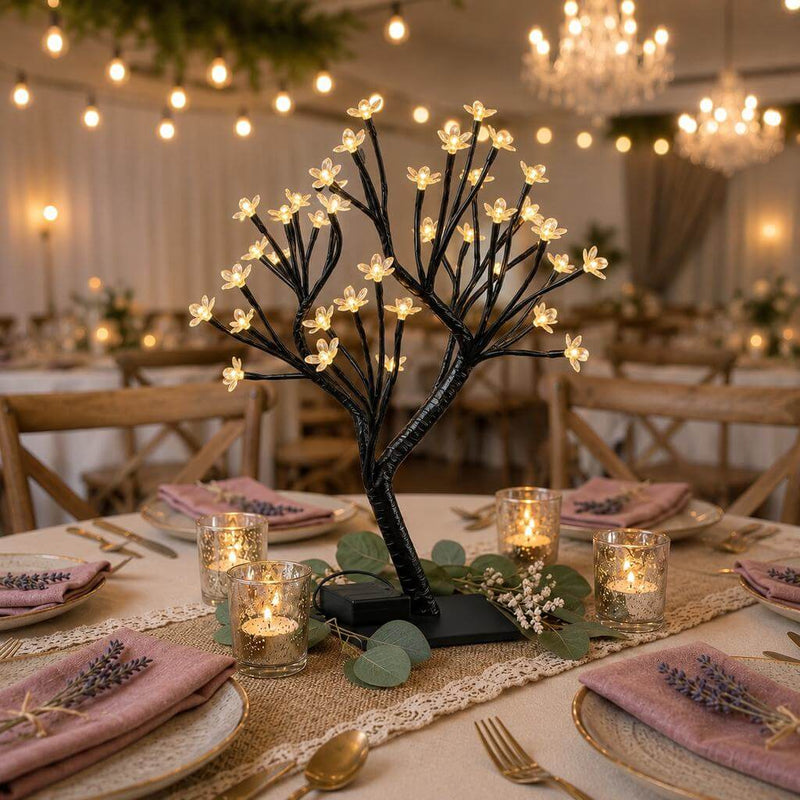 Black artificial cherry blossom tree centerpiece with LED lights on a rustic table - thumbnail number 6