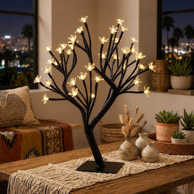 Black artificial cherry blossom tree centerpiece with warm white LED lights on a table - thumbnail number 7