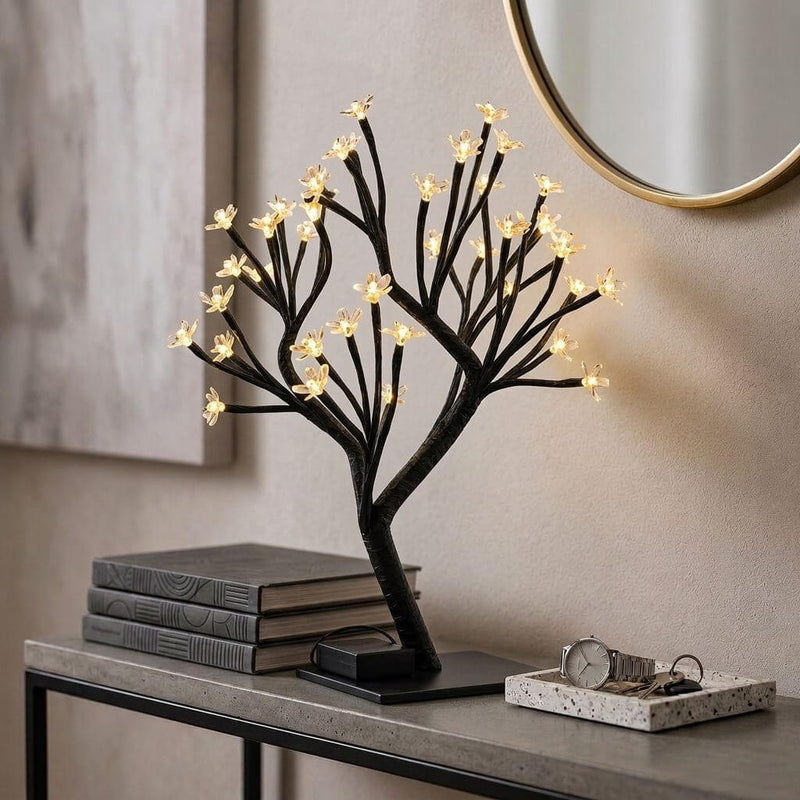 Black cherry blossom tree centerpiece with warm white LED lights on a side table - thumbnail number 8