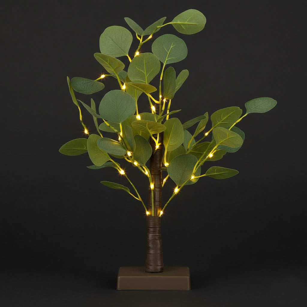 Artificial Eucalyptus Lighted Tree 17" Green – 50 Warm White LED Battery Operated Tabletop Fairy Lights