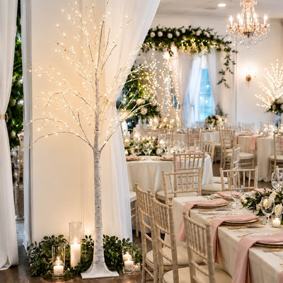 6ft lighted birch tree with warm white LEDs at an elegant indoor wedding reception - thumbnail number 3