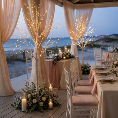6ft lighted birch trees with warm white LEDs at an outdoor beach wedding reception - thumbnail number 6