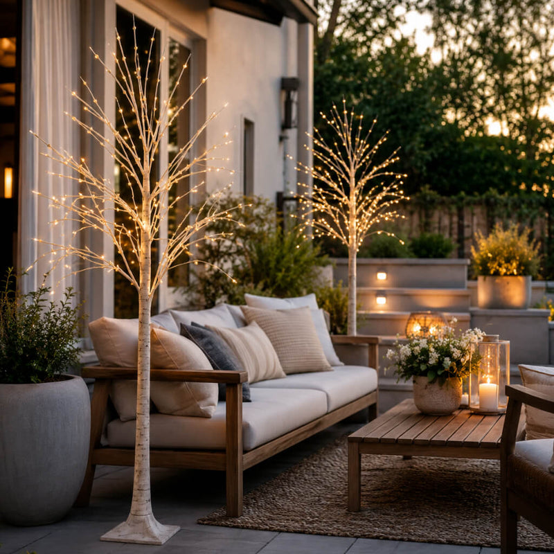 6ft lighted birch trees with warm white LEDs on a cozy outdoor patio lounge - thumbnail number 8