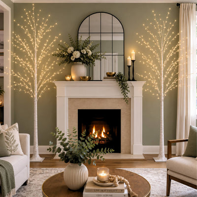 Two 6ft lighted birch trees with warm white LEDs flanking a fireplace in a cozy living room - thumbnail number 9