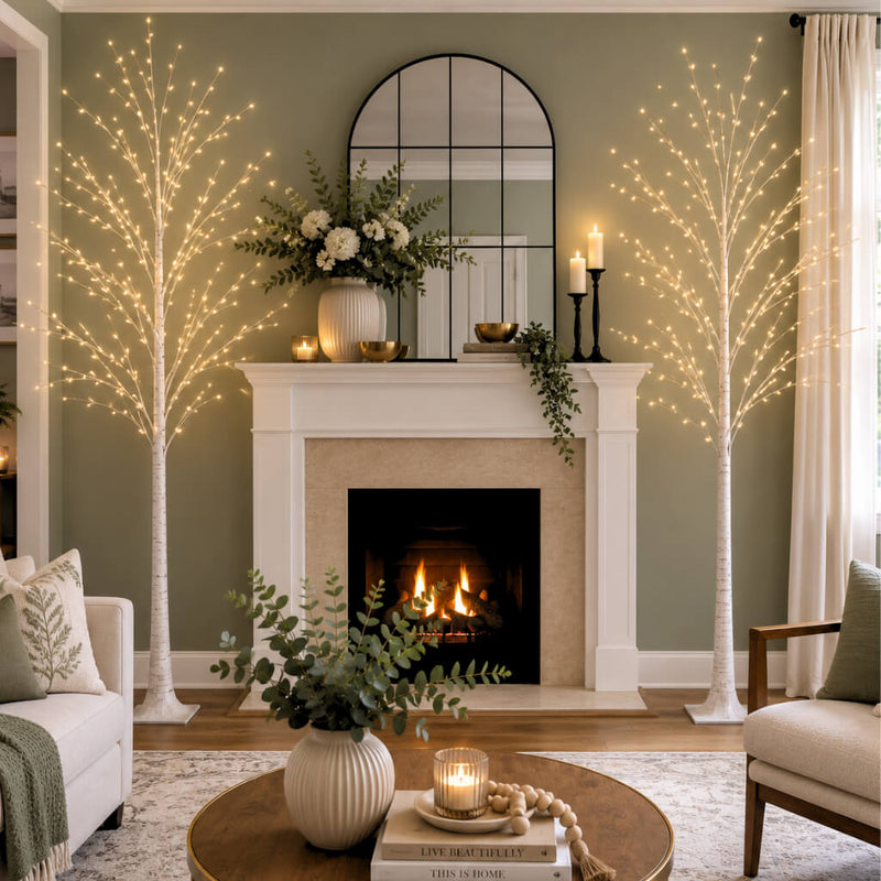 Two 6ft lighted birch trees with warm white LEDs flanking a fireplace in a cozy living room - thumbnail number 9