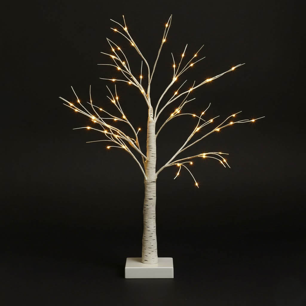 2ft Battery Operated Lighted Birch Tree – White/Warm White Rechargeable LED Fairy Lights for Table Décor