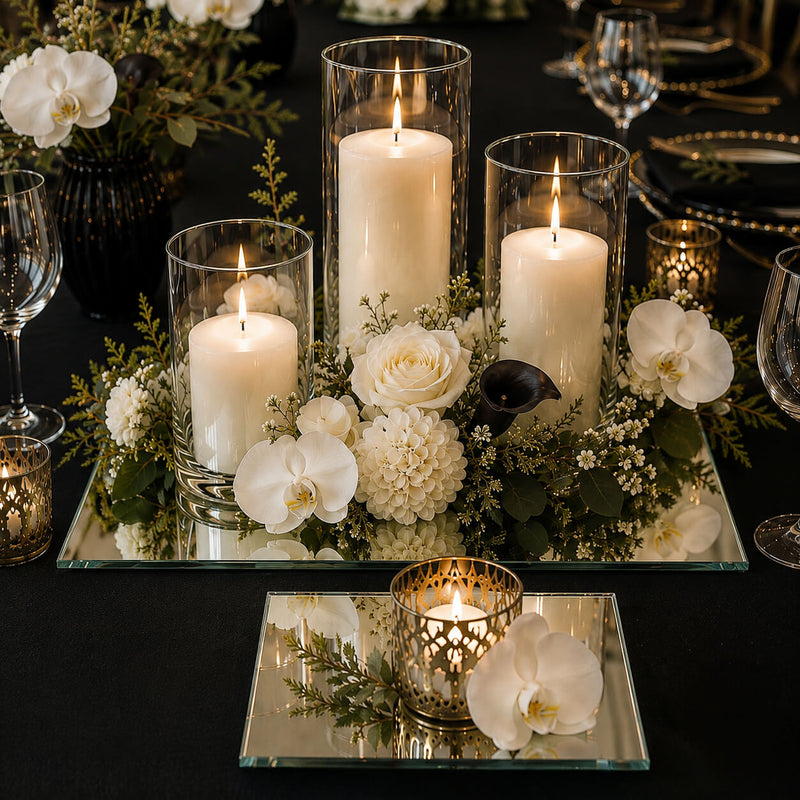 Lit pillar candles, orchids, and white flowers on square mirror table centerpieces - thumbnail number 4