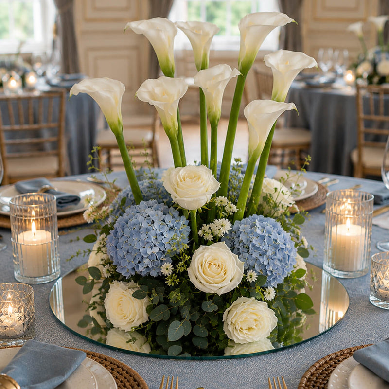 Floral centerpiece with roses and blue hydrangeas on a 14 inch round mirror tray - thumbnail number 5