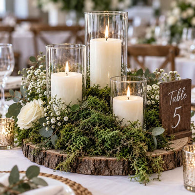 Preserved green reindeer moss centerpiece on a wood slice with candles and a table number sign - thumbnail number 3