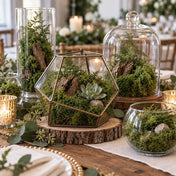 Glass terrariums and vessels filled with preserved green reindeer moss arranged as a centerpiece - thumbnail number 5