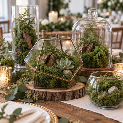 Glass terrariums and vessels filled with preserved green reindeer moss arranged as a centerpiece - thumbnail number 5