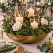 Large gold bowl filled with preserved green reindeer moss, white roses, and candles as a centerpiece - thumbnail number 6
