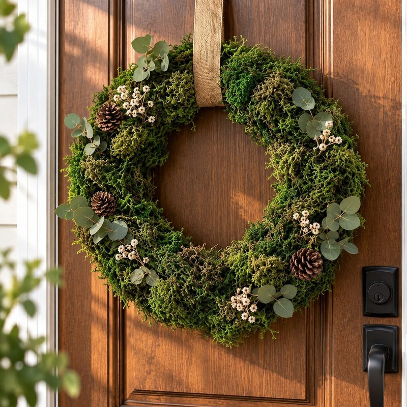 Preserved green reindeer moss wreath with pinecones and foliage hanging on a wooden door - thumbnail number 9
