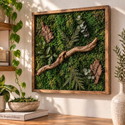 Wooden wall art frame filled with preserved green reindeer moss and wood branches - thumbnail number 11