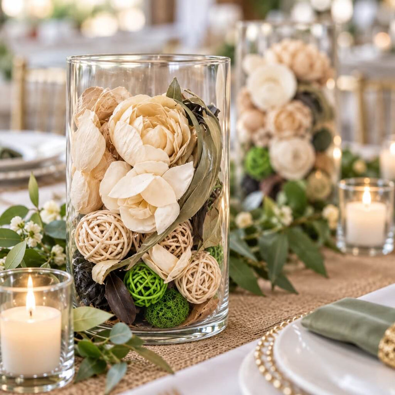 Glass cylinder vase filled with natural dried potpourri and candles on a table - thumbnail number 2