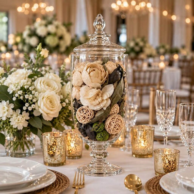 Glass apothecary jar filled with natural dried potpourri as a wedding table centerpiece - thumbnail number 4