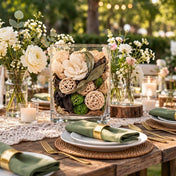 Square glass vase filled with natural dried potpourri as an outdoor event centerpiece - thumbnail number 6