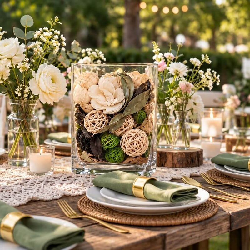 Square glass vase filled with natural dried potpourri as an outdoor event centerpiece - thumbnail number 6