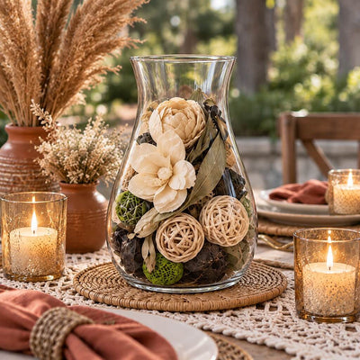 Glass vase filled with dried potpourri and rattan balls as a bohemian centerpiece - thumbnail number 7