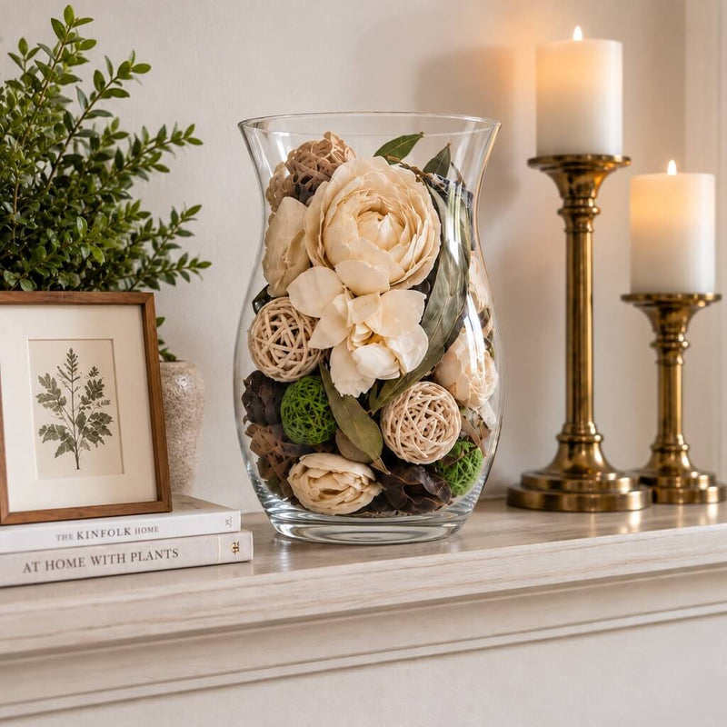 Glass vase filled with dried potpourri flowers on a mantelpiece - thumbnail number 8